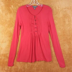LAUREN RALPH LAUREN Womens Top XS Red Pullover Henley Pintuck Flowy Soft Modal